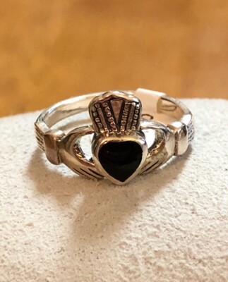 Irisch Keltisch Claddagh Natur Schwarz Onyx 925 Silber Herz Ring Größe 5