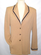 St John Collection Vintage Tan Santana Knit Blazer Jacket Black Trim Size 8