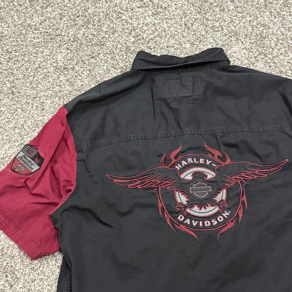 Camisa abotonada Y2K Harley Davidson motocicleta motociclista parches negros para hombre L 23x27 Foto 2 de 4