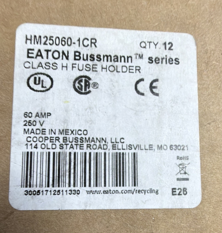 Eaton Bussmann HM25060-1CR Class H Fuse Holder 60A 250V Brown (12 Pack)