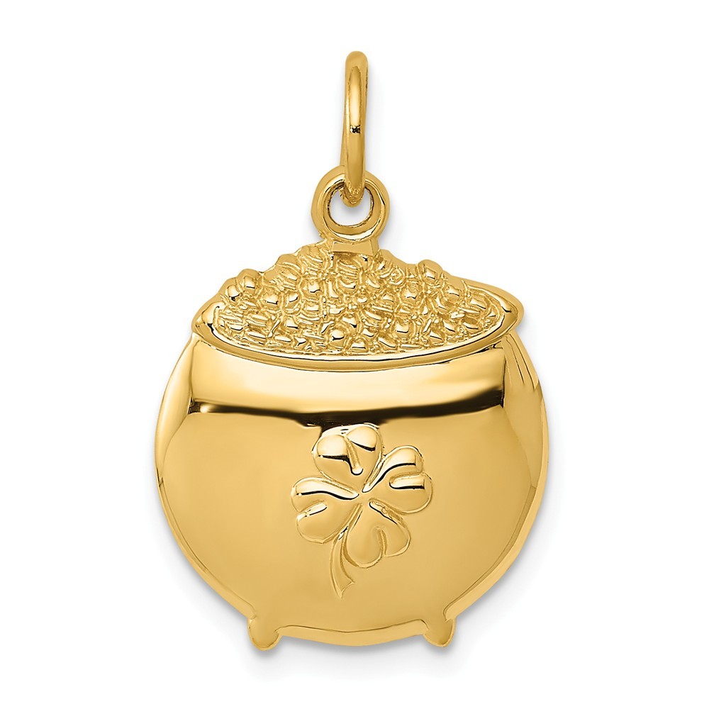 14K Yellow Gold Polished Irish 4-Leaf Clover Pot of Gold Charm Beautiful Pendant