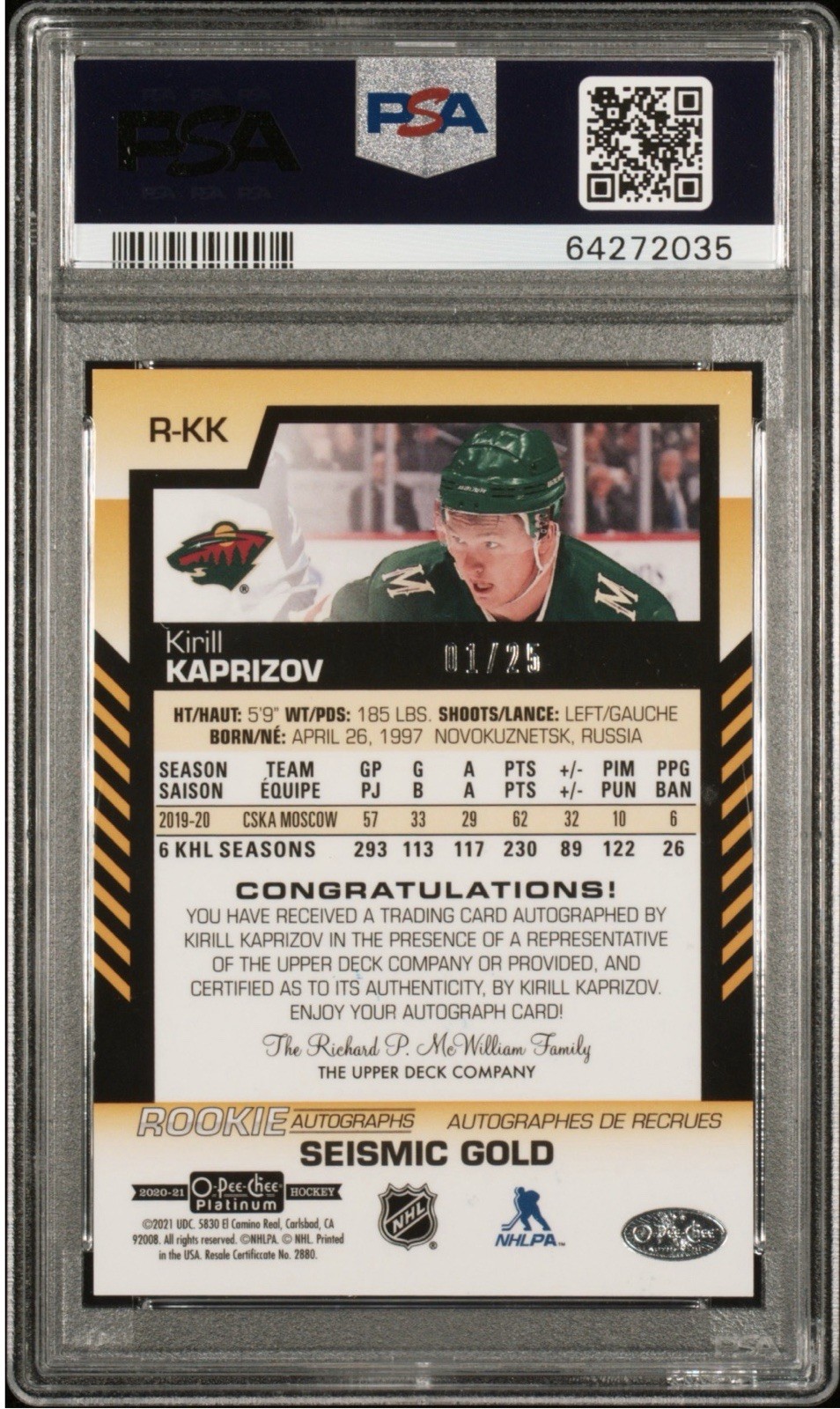2020 O-Pee-Chee Platinum Kirill Kaprizov Seismic Gold Auto 1/25 PSA RC Rookie view 2