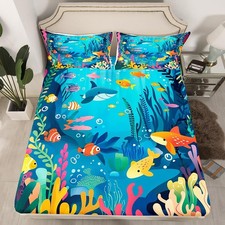 Ocean Bed Sheet Set Twin, Beach Fitted Sheet for Kids Life Sea Bedding Set Co...