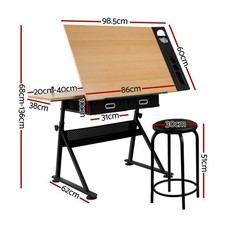 Artiss Drawing Desk Stool Set Drafting Table Adjustable Angle Tilt Drawers Black — image 3