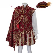 Men Medieval Victorian Royal Prince King Elizabethan Costume Vest Shirt Hat Cape