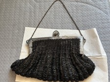 1920  s Black Beaded Flapper Art Deco Evening Bag RARE CAT Clasp France Chain