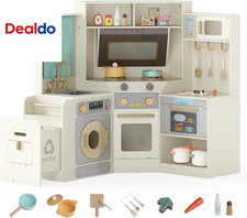 Corner Play Kitchen, Large Pretend Play Kitchen W/Real Light  Sound, Pull-Out T