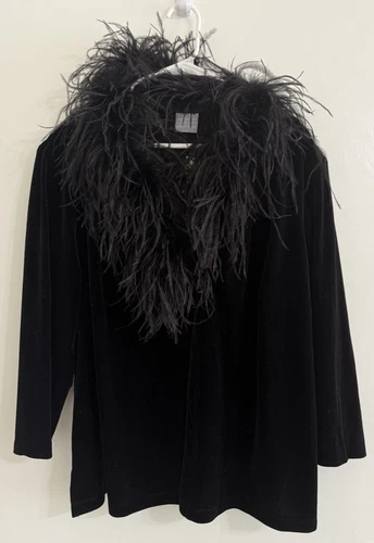 Womens Velvet Cardigan Vintage Y2K 90s Party Boa Collar Removable Feathers SZ 24