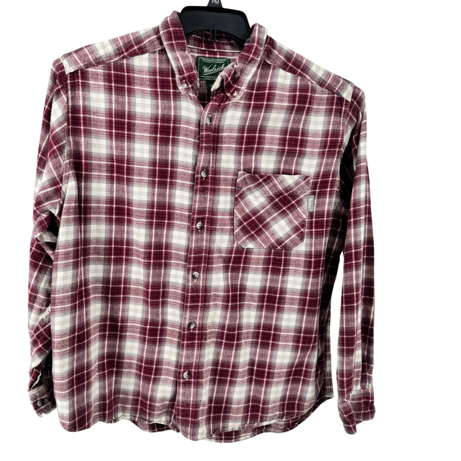 Woolrich Mens Plaid Flannel Shirt XL Button Down Long Sleeve Burgundy White Gray
