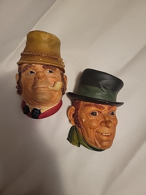 2 Vtg 1969 1961 BOSSONS PADDY Chalkware Head England Irish Man Pipe Wall Hanger