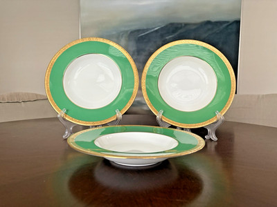 3 pcs Antique Tiffany/Minton Green/Gold Rim 9'' Large Rim Soup Bowl EUC