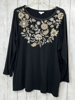 J. JILL  Top Women's XL Tunic Black Brown Floral Long Sleeve Boho Nature