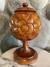 Vintage Wooden Hand Carved Flowers Pedestal Bowl W/Lid Urn Compote Trinket Haiti