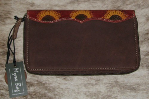 Myra Bag #5816 Tooled Leather, Hairon 7.5"x4.5" Wallet~Card Slots~Inside Zip~ - Picture 2 of 5