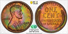 MS64RB CAC 1927 1C Lincoln Wheat Cent, PCGS Trueview- Bright Rainbow Toned