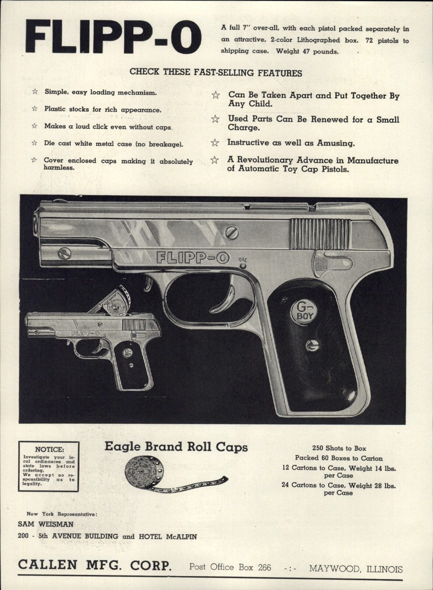 1948 PAPER AD 2 PG Callen Flipp-O G-Boy Automatic Toy Cap