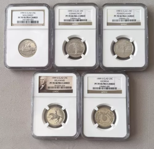 Set of (5) 1999-S Clad 25C Quarters ALL NGC Graded PF 70 Ultra Cameo;W919