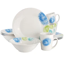 Gibson Home 142757.12 Blue Meadow 12 Piece Fine Ceramic Dinnerware Set In White