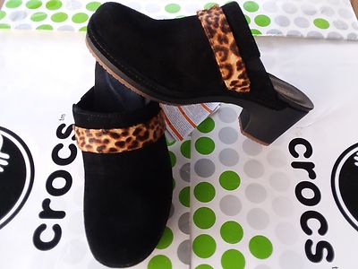 CROCS SARAH SUEDE COBBLER HEEL~BUSY DAY NERIA~CLOG SANDAL~Black Leopard~W 7~NEW