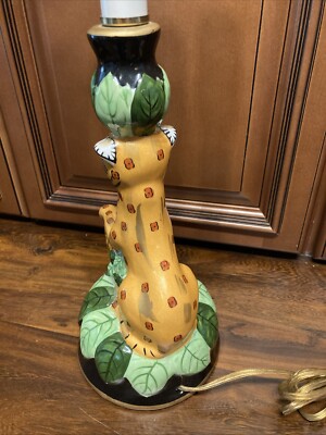 Vtg Porcelain Hand Painted Jaguar Leopard Jungle Candlestick Lamp
