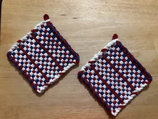 Handmade 2 Multicolor Cotton Woven Potholders Patriotic Red White Blue Gift