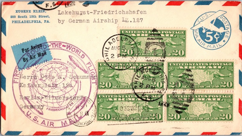 1929 USA PA  LZ 127 Graf Zeppelin Round World Flight cover To Germany Berlin