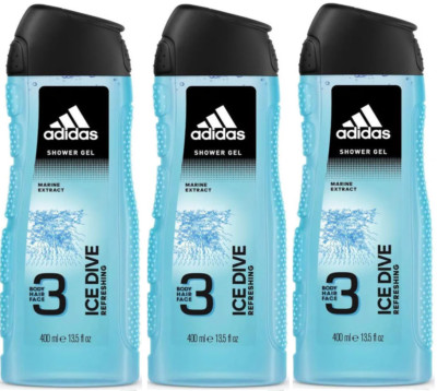 3 x Adidas Body Hair Face Shower Gel 400ml - Ice Dive (Erfrischend)