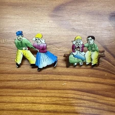 Vintage Czech Brooch Dutch Dancing Set X2 Pair