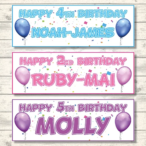 2 PERSONALISED HAPPY BIRTHDAY BALLOON BANNERS -800mmx297mm- CHOICE OF 7 COLOURS
