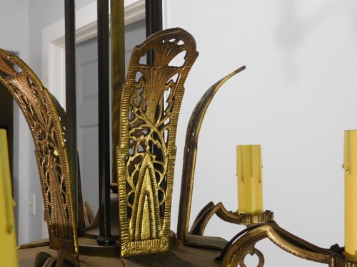Antique Art Deco Ornate Copper/Brass 5 Light Chandelier Light Fixture - Picture 8 of 12