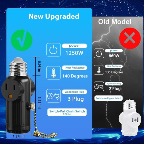 2X Light Socket to Plug Adapter 2/3 Prong Light Bulb Outlet Socket w/ Pull Chain - Bild 10 von 12