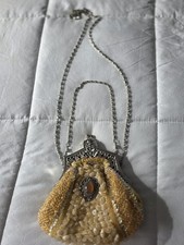 Vintage Beaded Evening Clutch Purse - Chain Strap Gold Sequins Beads 1950s