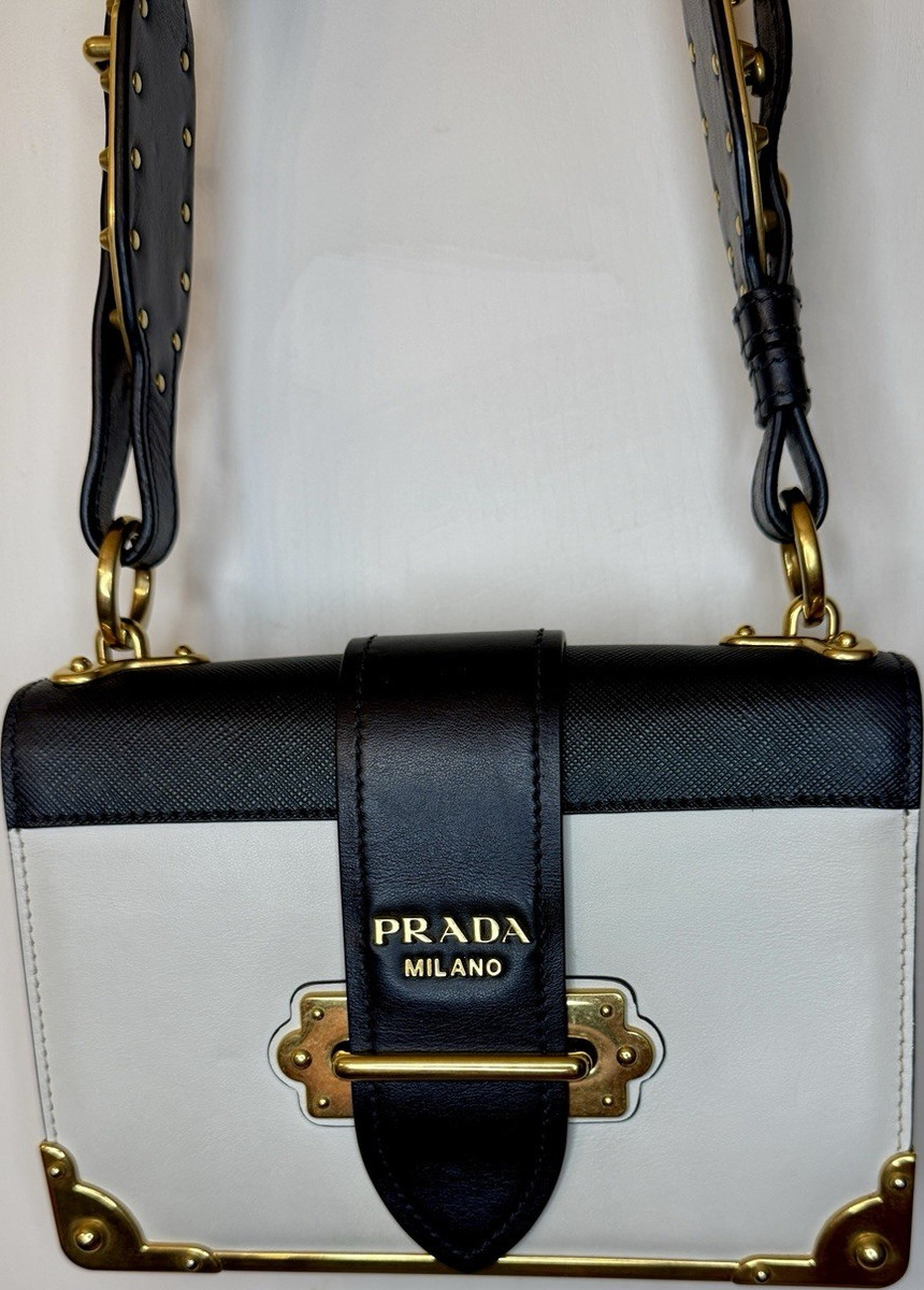 Prada Black White Studded Buckle Cashier's Shoulder Bag Women | eBay