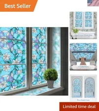 Decorative Static Cling Stained Glass Film - Blue Lily Design, UV Protection