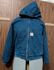 Vintage 90s YOUTH Denim Blue Jean Carhartt Hooded Blanket Lned Jacket Y07 DST