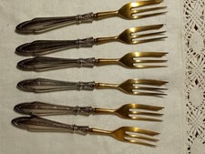 6 Obstgabeln,Kuchengabeln,Griff Versilbert,Alpacca,Gabel goldfarben,Art Deco