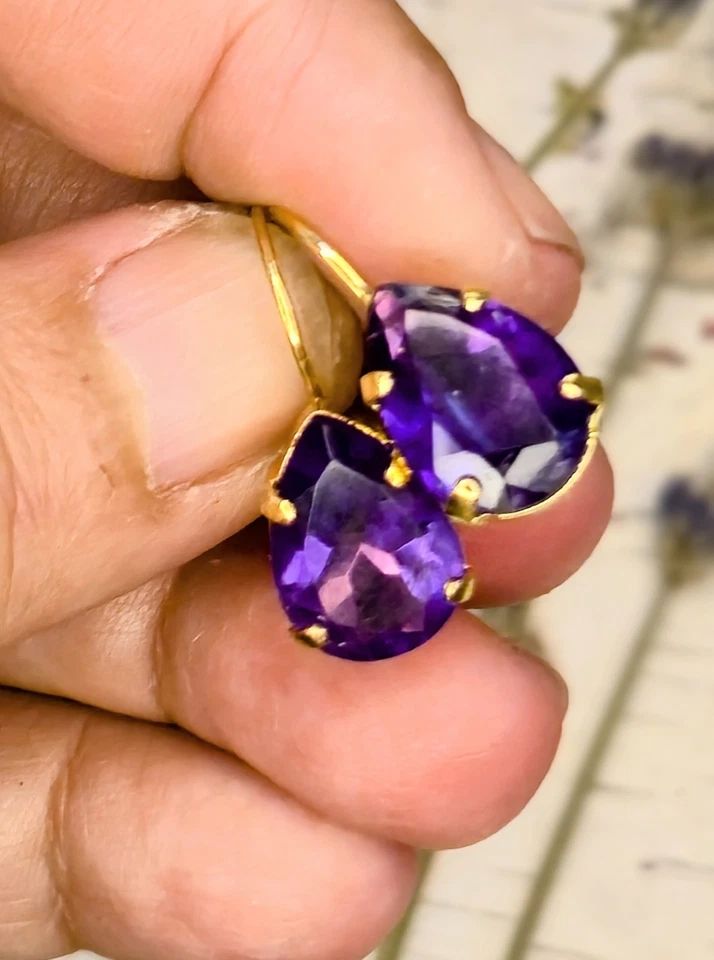 Натуральный фиолетовый аметист прибл. Позолоченные серьги-капли 10,26 карата - Изображение 2 из 4