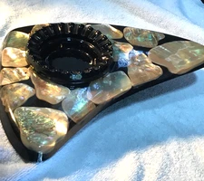Sleek Jetsons Style MCM Retro 70’s Era  Inlaid Abalone Lucite Boomerang Ashtray