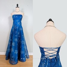 Vintage Zum Prom Dress Maxi Gown 6 Blue Corset Floral Empire Princess 90S Y2K