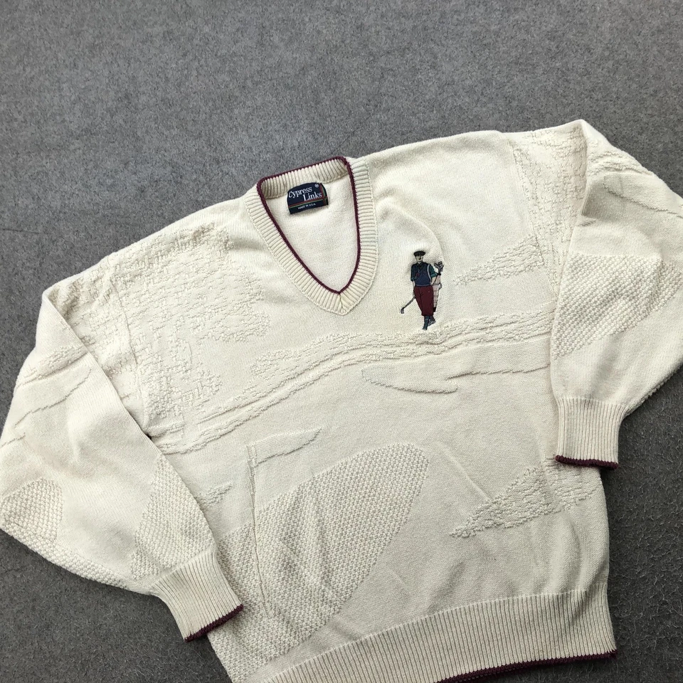Suéter DE COLECCIÓN Eslabones de Ciprés Para Hombres XL Beige Cuello en V Golf Bordado Hecho en EE. UU. 90s Foto 3 de 4
