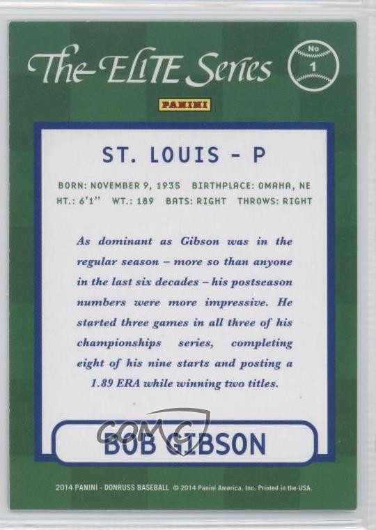 2014 Panini Hall of Fame The Elite Series Bob Gibson #1 HOF 2f9