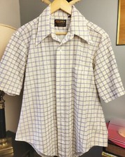 Vintage 1970 70s Bonaire Button Up Short Sleeve Shirt Mens M White Yellow Plaid