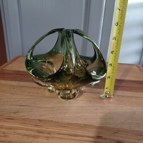 Vintage Kunst mundgeblasenes Glas grün & bernsteinfarben Süßigkeiten Schmuck Schale Korb Dekor - Bild 11 von 12