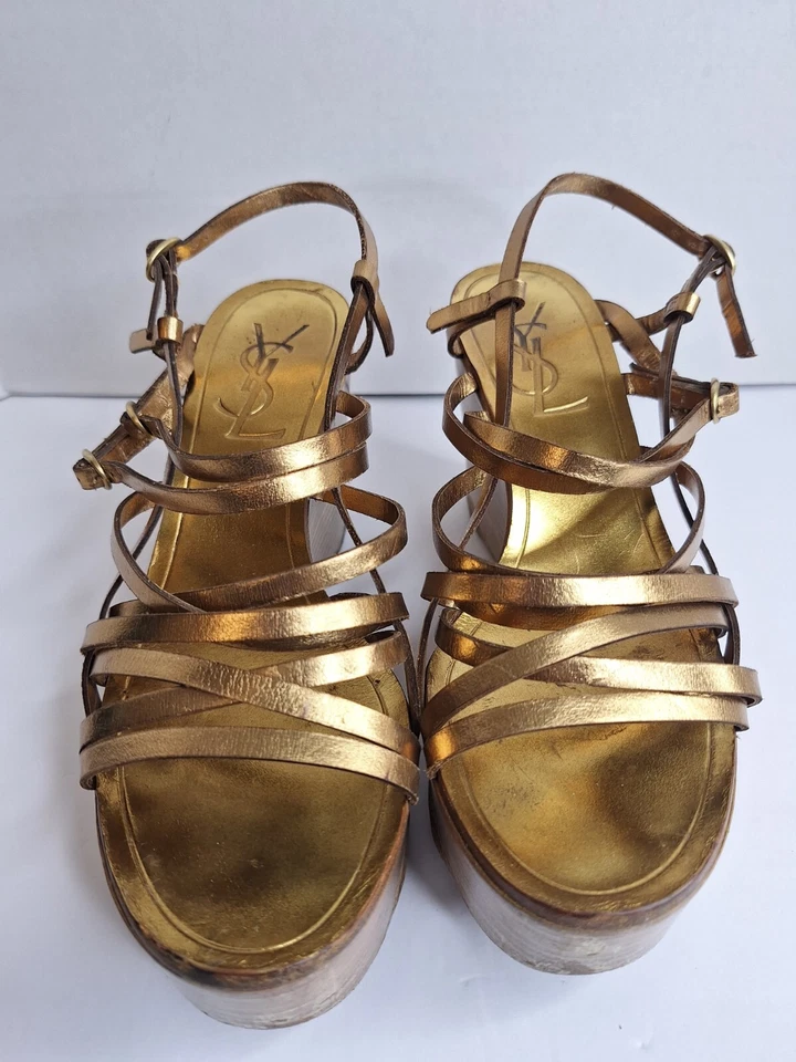 Vtg Y2K 2000's YSL Yves Saint Laurent Metallic Wedge Platform Sandals Sz 38 - Image 2 of 4