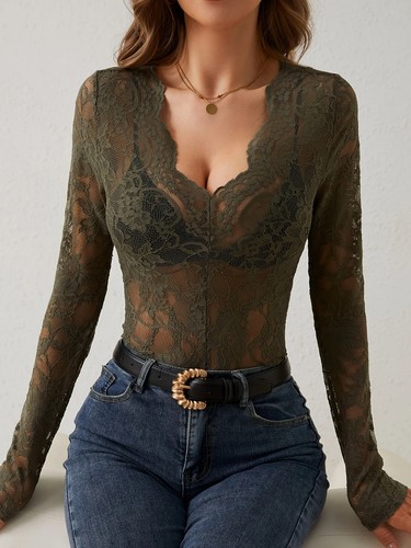 Sexy Women Sheer Mesh Floral Lace See-Through Long Sleeve Slim Top T Shirt Tees - Picture 11 of 12