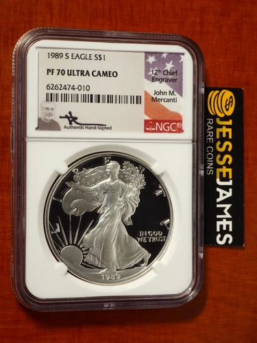 1989 S PROOF SILVER EAGLE NGC PF70 ULTRA CAMEO JOHN MERCANTI SIGNED FLAG LABEL