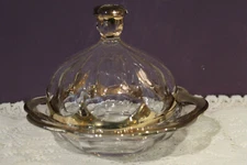 VINTAGE GLASS COVERED  BUTTER DISH WITH GOLD ACCENTS
