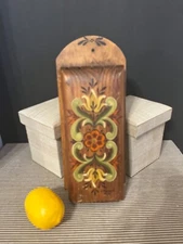 Vintage Folk Art Tole Painted Wood Knife Block Flower Leaves 5 Slots