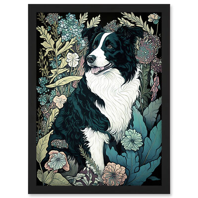 Border Collie Dog Wildflower Field Modern Framed Wall Art Picture Print A3