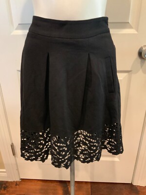 BCBG Max Azria Black A-Line Skirt W/ Floral Cutout Hem, Size